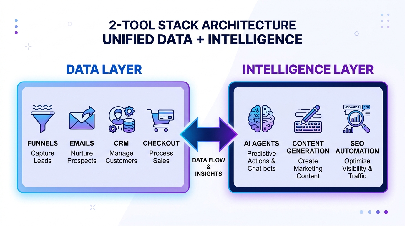 The 2-Tool Stack Architecture: Data Layer (Systeme.io) and Intelligence Layer (Agent Kit) working together