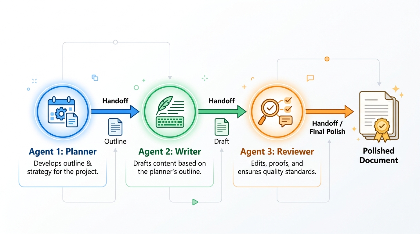 How Agent Handoff works: each specialized agent passes structured data to the next